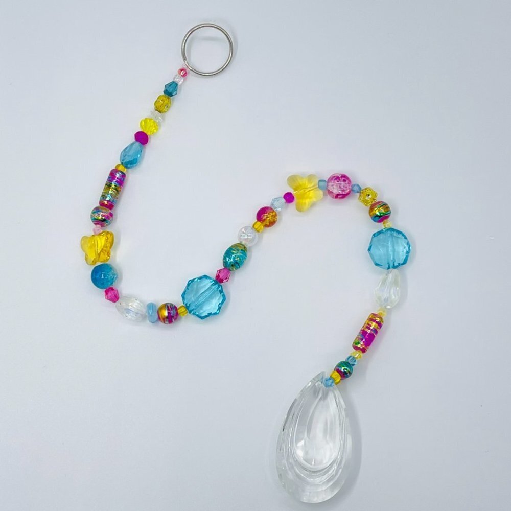 Beaded Suncatcher - Pink Blue Yellow Butterfly Clear Crystal Prism Hanging Decor